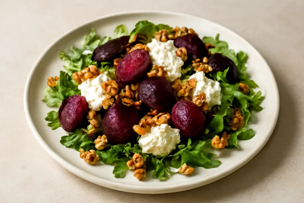 Baby Beet Salad with Chevre and Walnut Granola